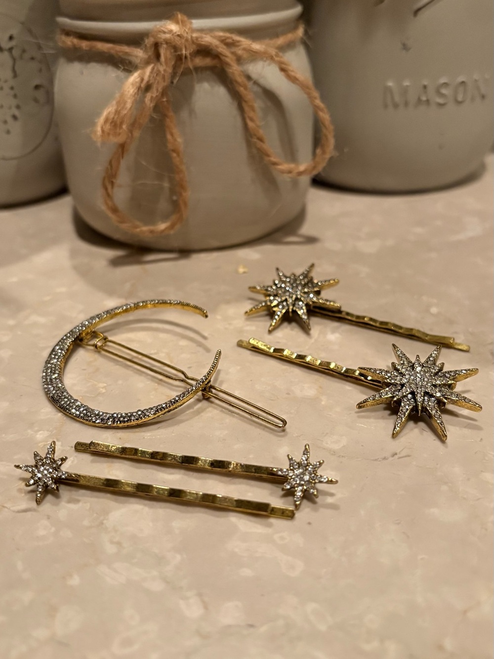 Anthropologie Celestial Gold Moon & Star Rhinestone Hair Pin Set (five pieces) - Picture 2 of 6